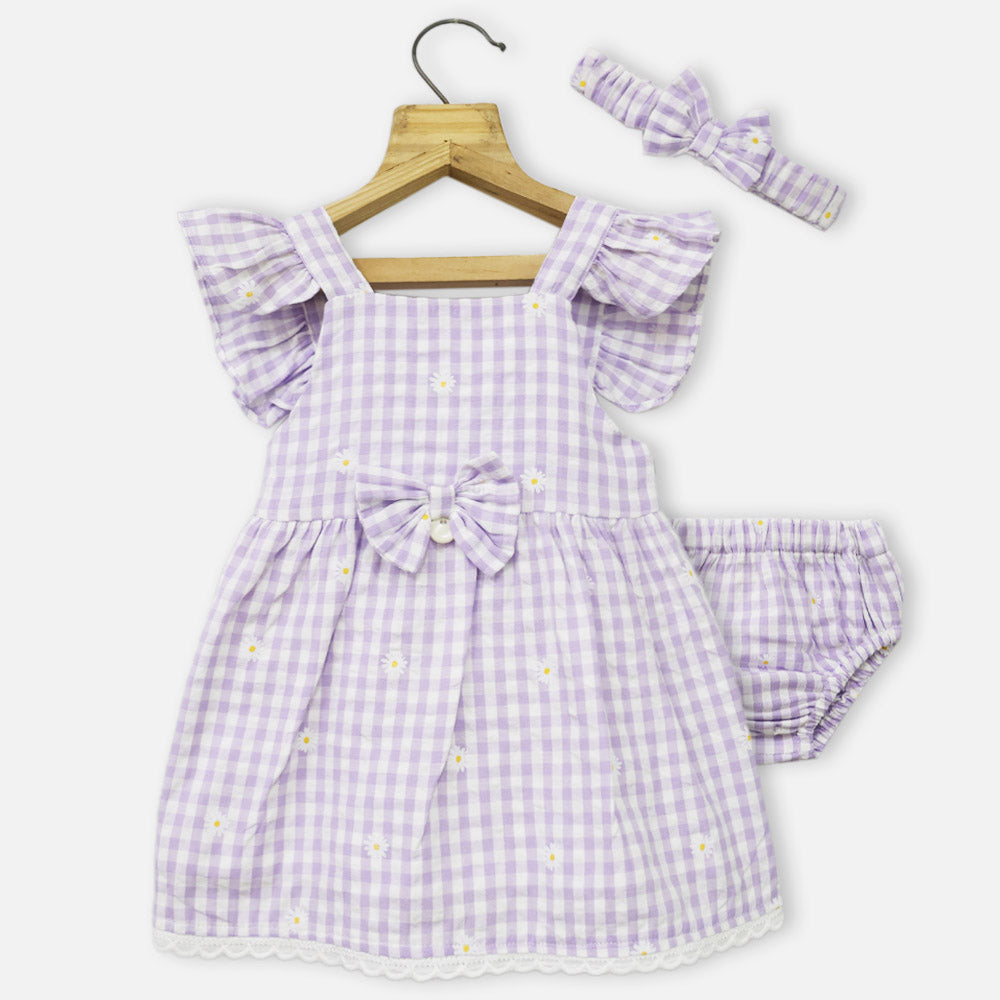 Purple Checked Muslin Cotton Dress With Bloomer & Headband