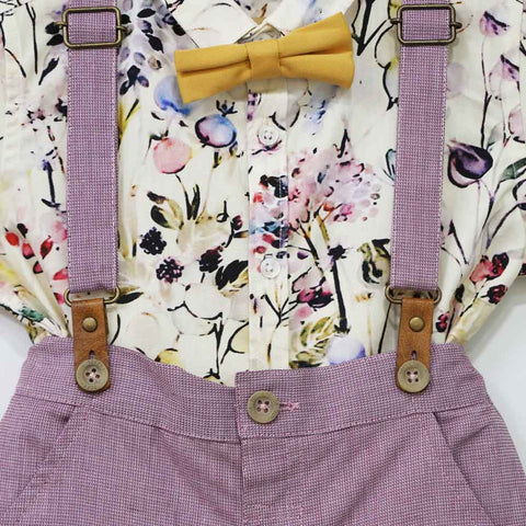 Violet floral Printed Shirt & Shorts With Suspender Set