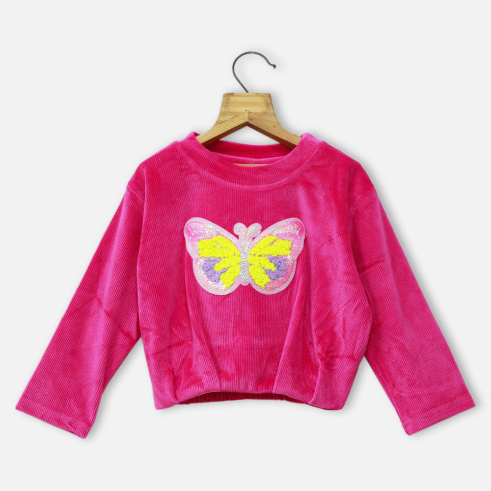 Pink & White Butterfly Embellished Velvet Top