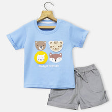 Load image into Gallery viewer, Blue Animal Face Theme T-Shirt With Grey Corduroy Shorts
