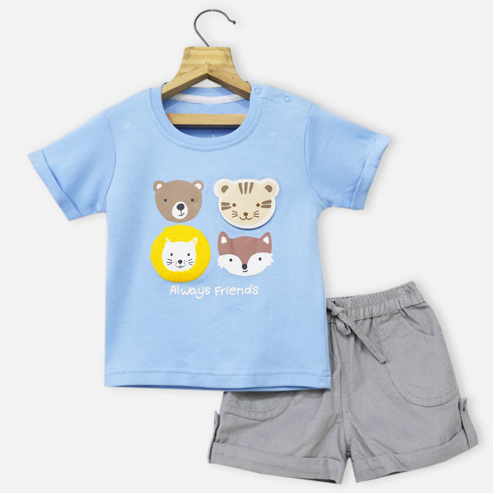 Blue Animal Face Theme T-Shirt With Grey Corduroy Shorts