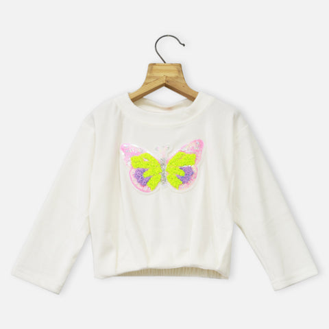 Pink & White Butterfly Embellished Velvet Top