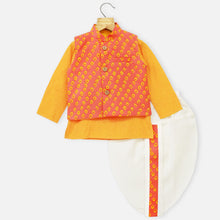 Load image into Gallery viewer, Bandhani Nehru Jacket With Yellow Kurta &amp; Dhoti
