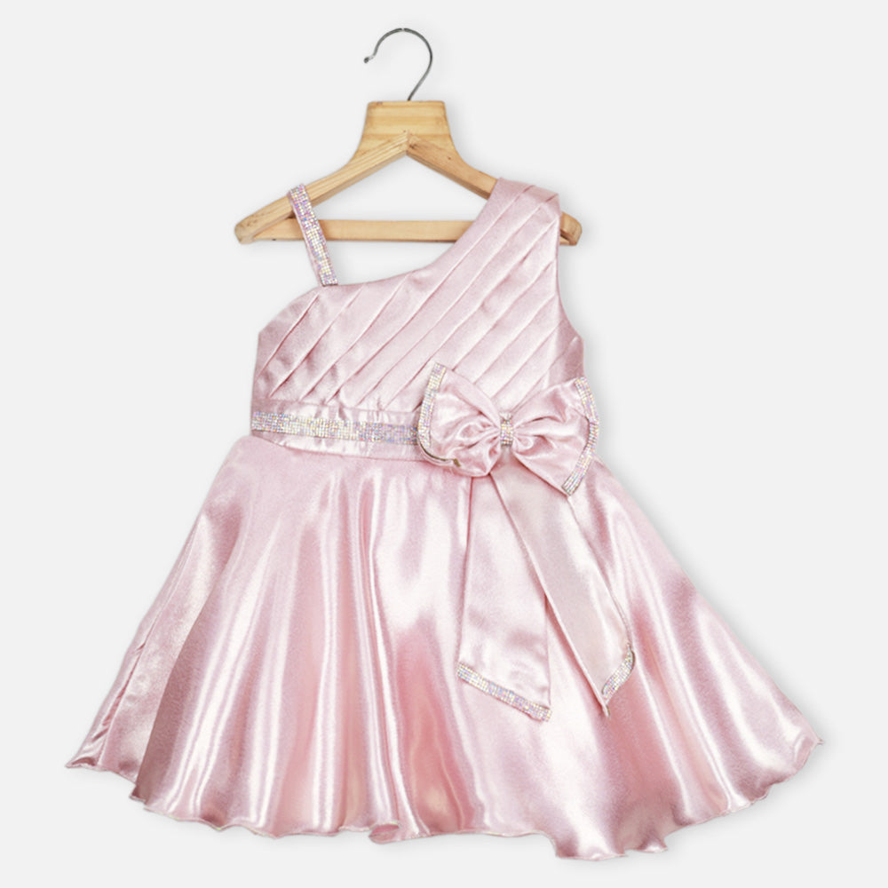 Pink Pleated Yoke One Shoulder Party Dress