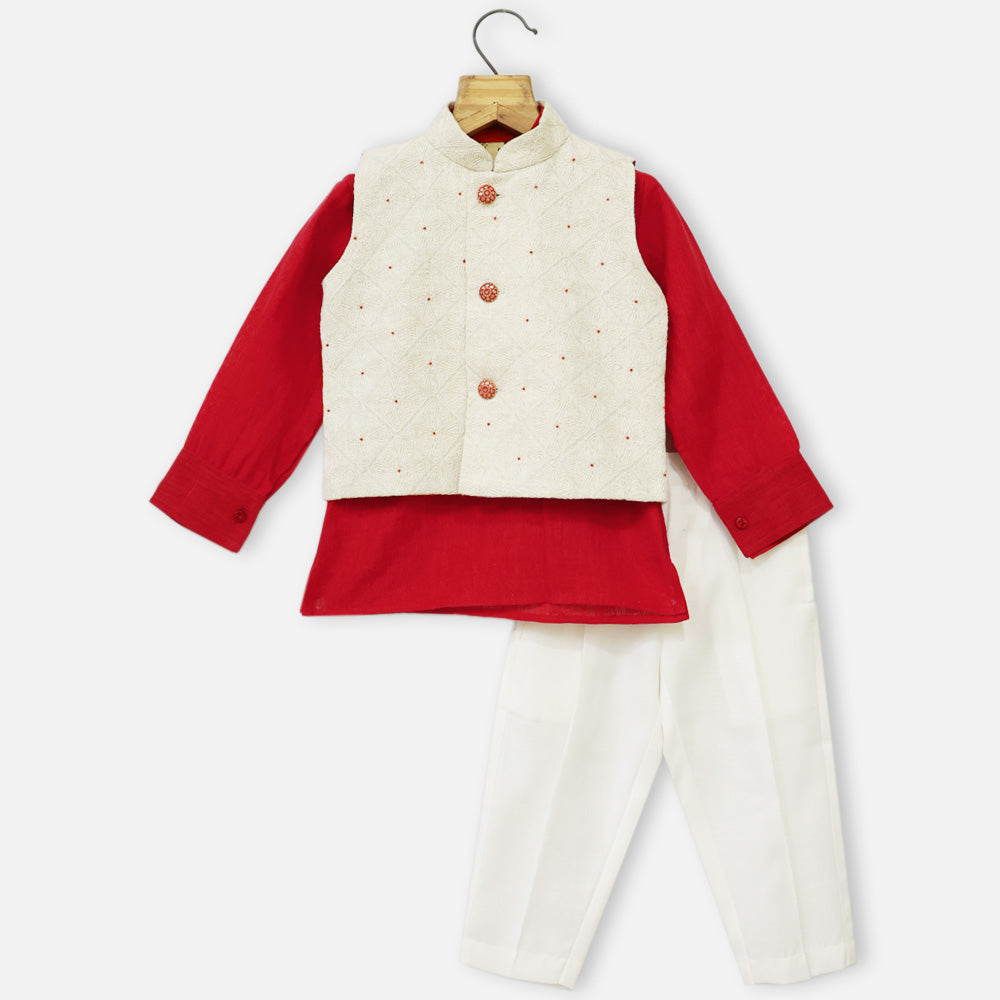 Ivory Embroidered Nehru Jacket With Red Kurta & Pant