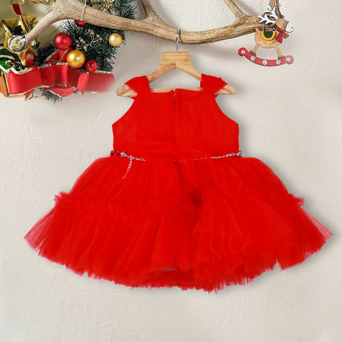 Red Weave Yoke Net Party Frock