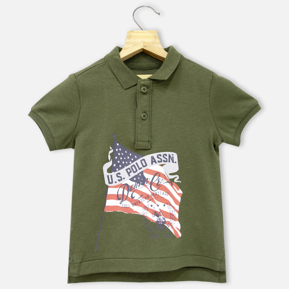 Olive Regular Fit Printed Polo T-Shirt