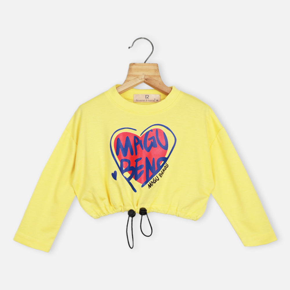 Yellow Graphic Printed Full Sleeves Crop Top