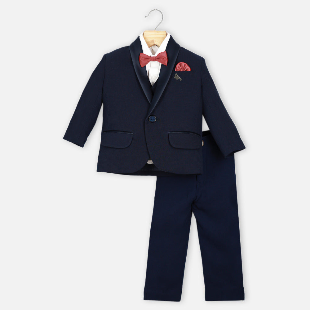 Navy Blue Waistcoat Set With White Shirt And Pants