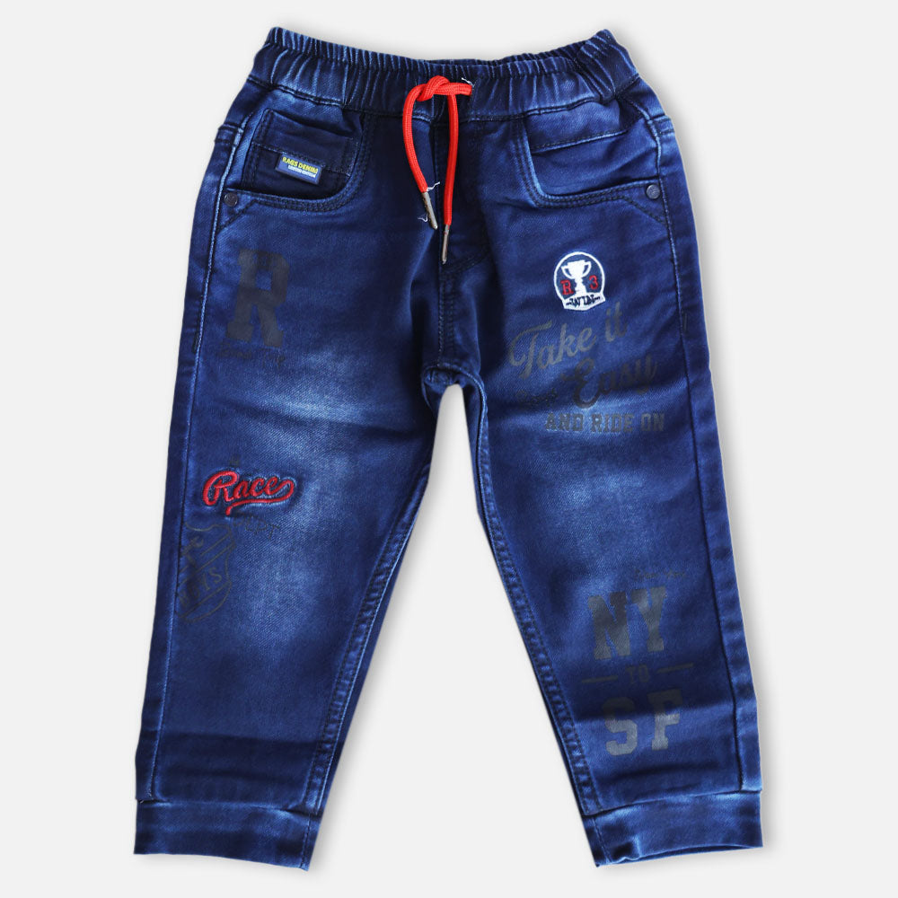 Blue Typographic Printed Denim Jeans Pant