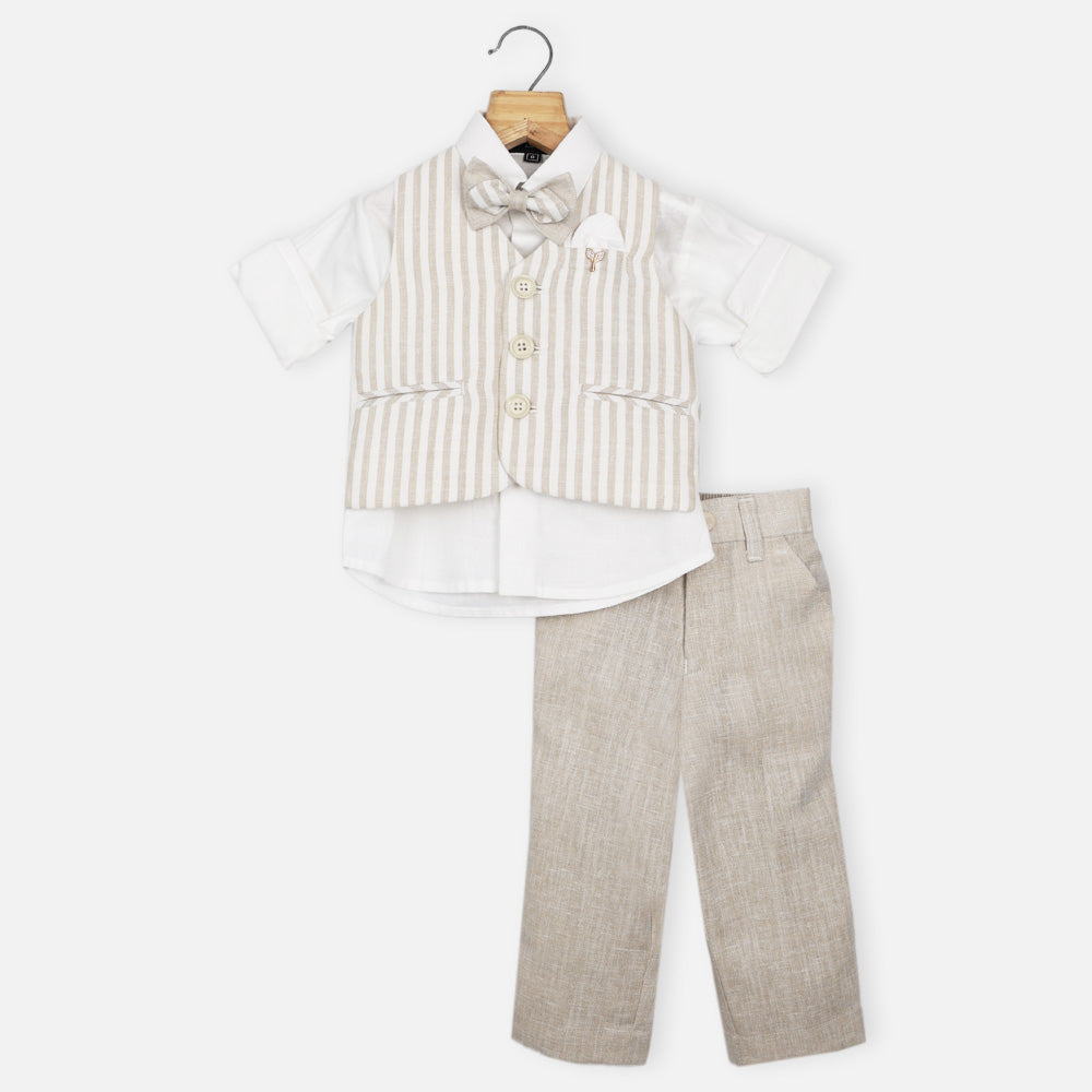 White Shirt With Beige Striped Waistcoat And Pant Set