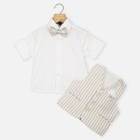 White Shirt With Beige Striped Waistcoat And Pant Set