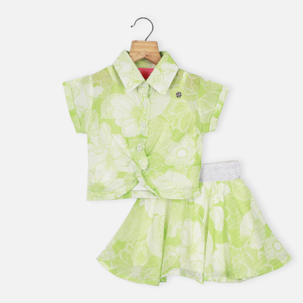 Green Floral Twist Knot Top With Skirt & Inner