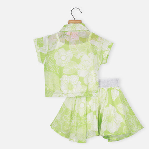 Green Floral Twist Knot Top With Skirt & Inner