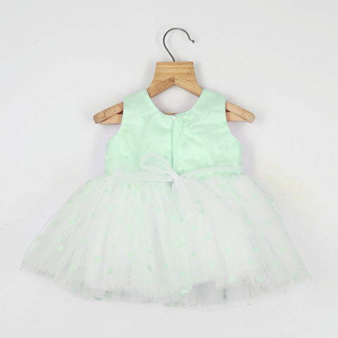 Green Polka Dots Party Frock With Booties & Headband