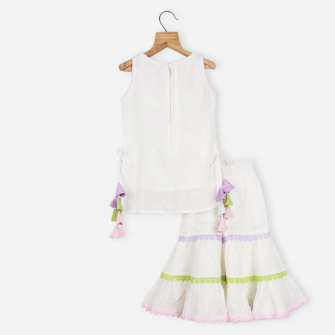 White Embroidered Sleeveless Kurta With Sharara & Shaded Dupatta