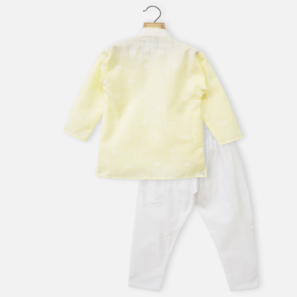 Yellow & Blue Embroidered Kurta With White Pajama