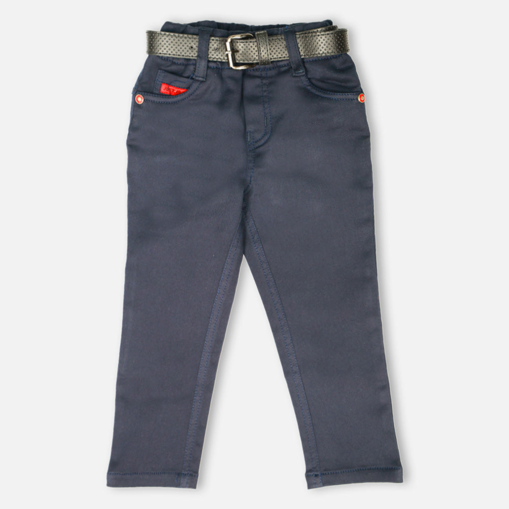 Regular Mid Rise Pant With Belt- Navy Blue & White