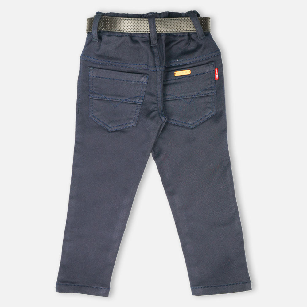 Regular Mid Rise Pant With Belt- Navy Blue & White
