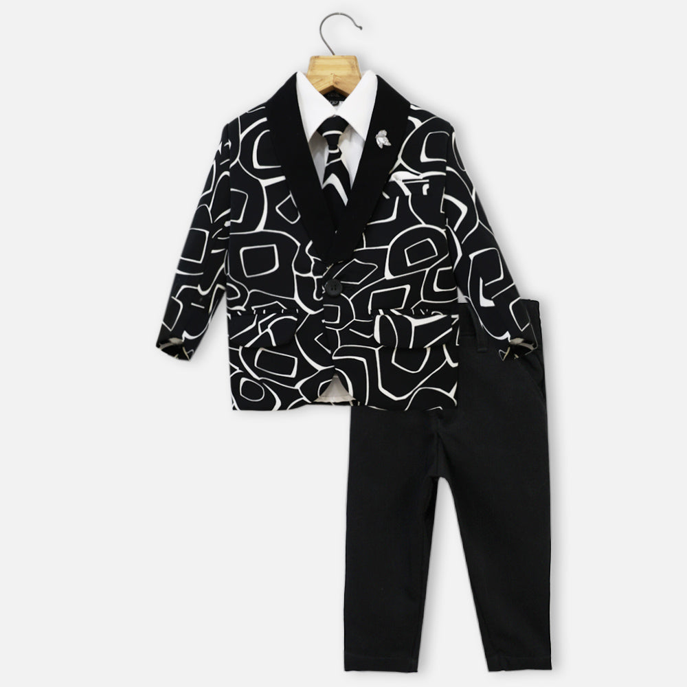 Black Abstract Printed Blazer With White Shirt & Pant