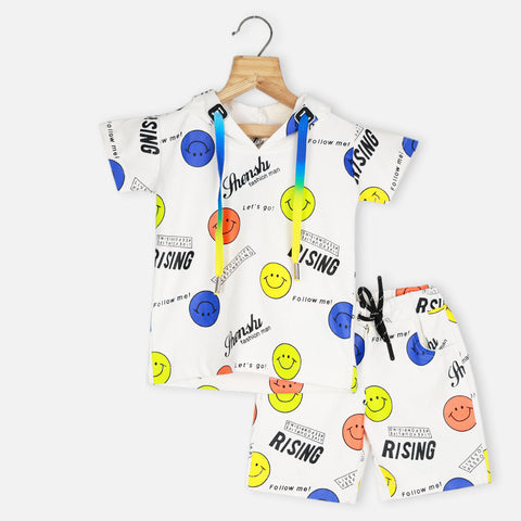 White & Black Graphic Printed Hooded T-Shirt With Shorts Co-Ord Set