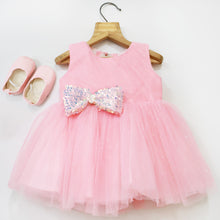 Load image into Gallery viewer, Pink Sequins Bow Embellished Party Frock With Booties
