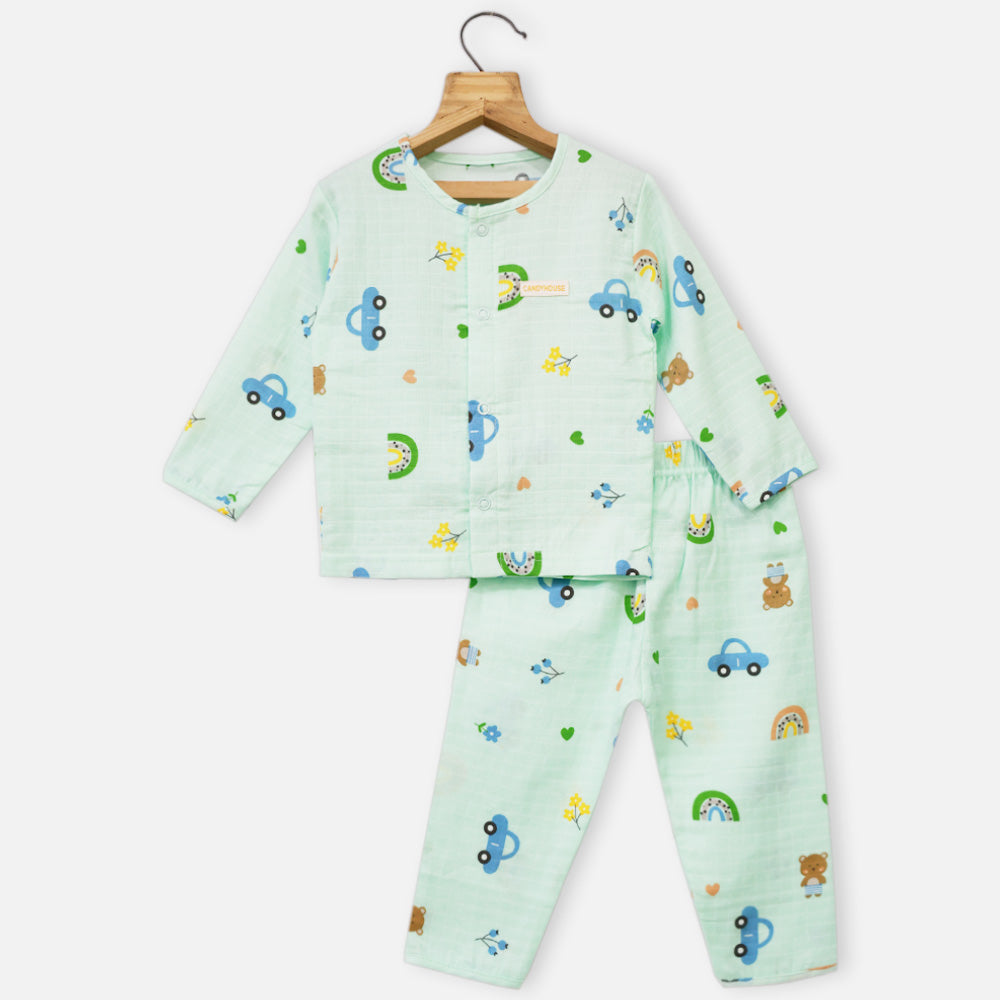 Mint Vehicle Theme Full Sleeves Muslin Night Suit