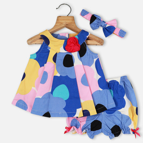 Blue & Pink Pleated Dress With Bloomer & Headband