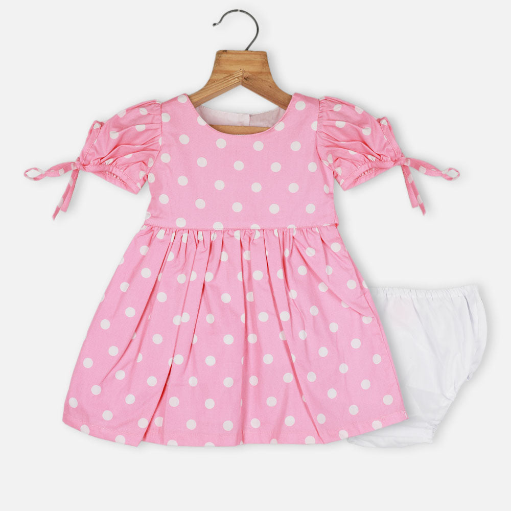 Pink Polka Dots Dress With White Bloomer