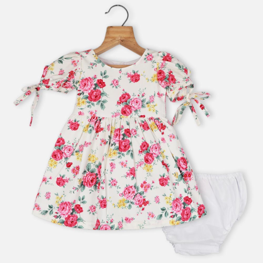 Ivory Floral Printed Dress With Bloomer
