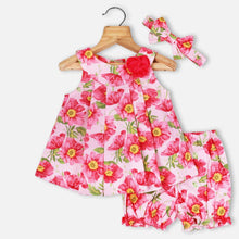 Load image into Gallery viewer, Pink Floral Printed Pleated Dress With Bloomer &amp; Headband
