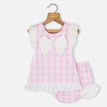 Load image into Gallery viewer, Pink Checked Printed Cross Back Dress With Bloomer

