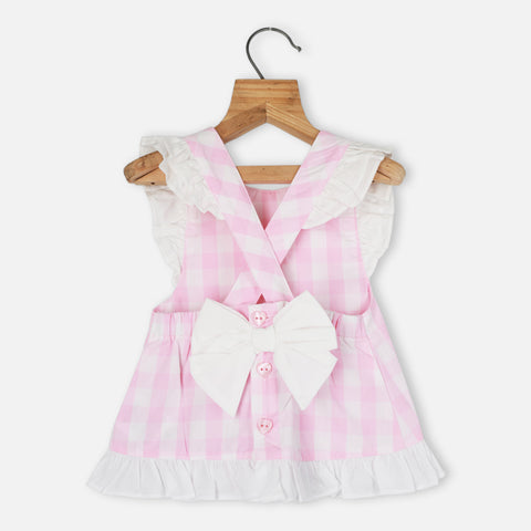 Pink Checked Printed Cross Back Dress With Bloomer