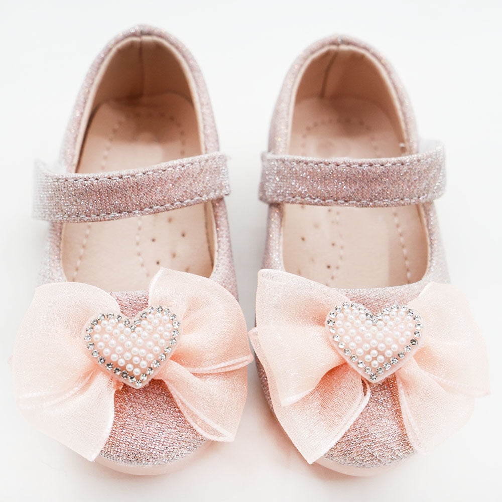 Silver & Pink Bow Embellished Velcro Closure Ballerina