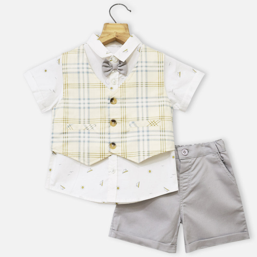 Yellow Checked Waistcoat With White Shirt & Grey Shorts