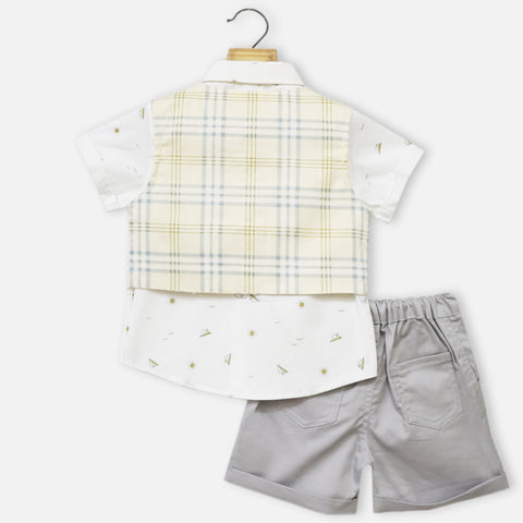 Yellow Checked Waistcoat With White Shirt & Grey Shorts