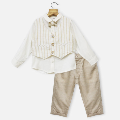 Beige Striped Waistcoat With Cotton Shirt & Pant