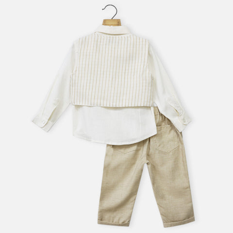 Beige Striped Waistcoat With Cotton Shirt & Pant