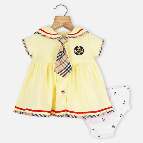 Sailor Cotton Dress With Bloomer- Yellow & Pink
