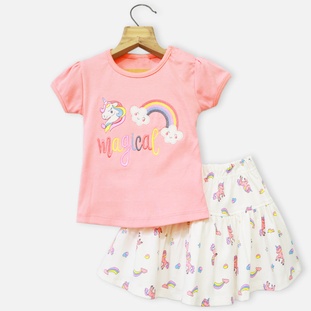 Peach Unicorn Embroidered Top With White Skirt