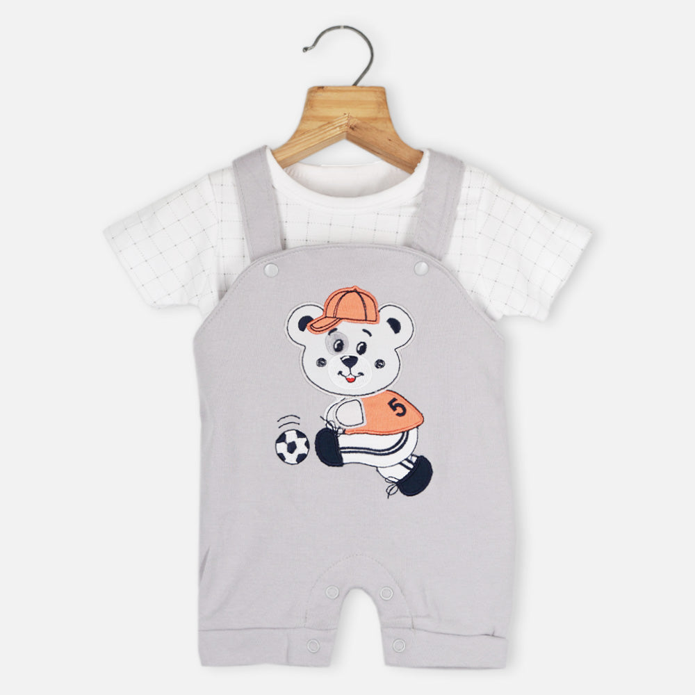 Grey Bear Applique Dungaree Romper With White T-Shirt