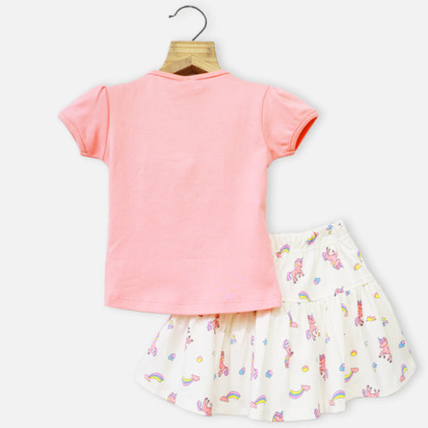 Peach Unicorn Embroidered Top With White Skirt