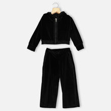 Load image into Gallery viewer, Velvet Embellished Hooded Top &amp; Pants Co-Ord Set- Black &amp; Navy Blue
