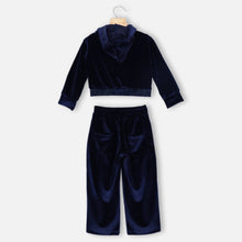 Load image into Gallery viewer, Velvet Embellished Hooded Top &amp; Pants Co-Ord Set- Black &amp; Navy Blue
