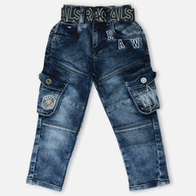 Load image into Gallery viewer, Blue Embroidered Cargo Denim Pant With Belt
