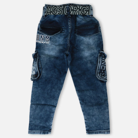 Blue Embroidered Cargo Denim Pant With Belt