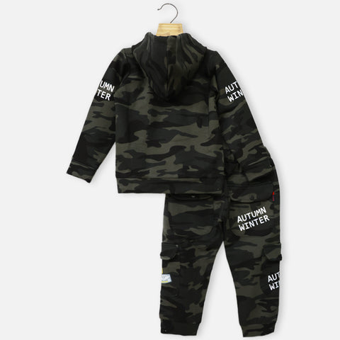 Green Camouflage Printed Hooded T-Shirt With Joggers Co-Ord Set