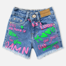 Load image into Gallery viewer, Blue Painted Raw Hem Denim Shorts
