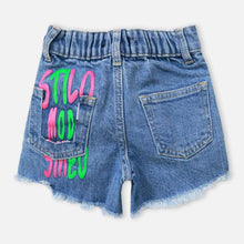 Load image into Gallery viewer, Blue Painted Raw Hem Denim Shorts
