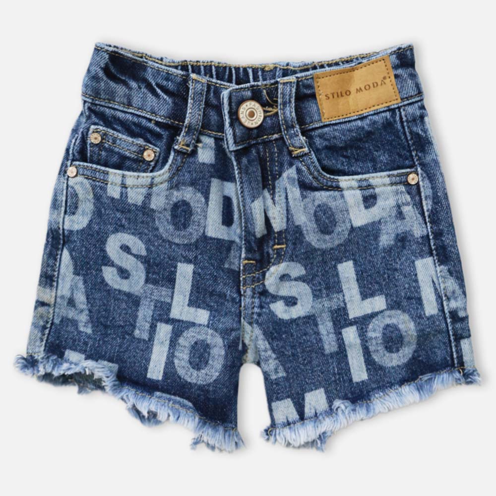 Blue Typographic Printed Raw Hem Denim Shorts